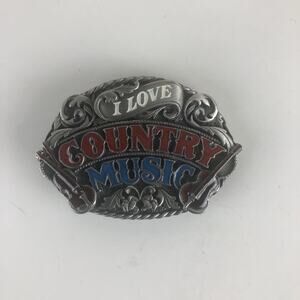 Vintage I Love Country Music Belt Buckle Enamel 1988 SISKIYOU Buckle Co Oregon